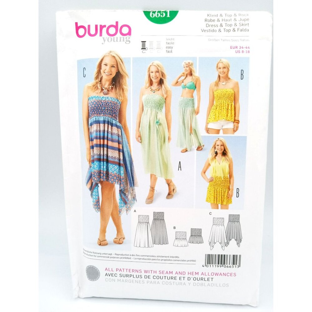 Burda Young Pattern 6651 Dress Top Skirt Seam Hem Allowances US 8-18 EUR 34-44